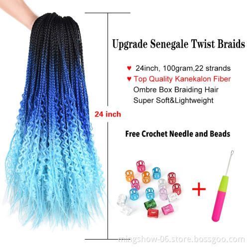 100g 24" box braids with curly ends crochet braid hair pre looped twist